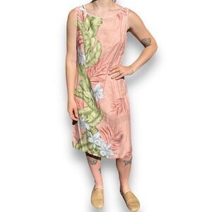 Vintage 90s The Hawaiian Original Pink Palm Leaf Tropical Knee Length Mini Dress